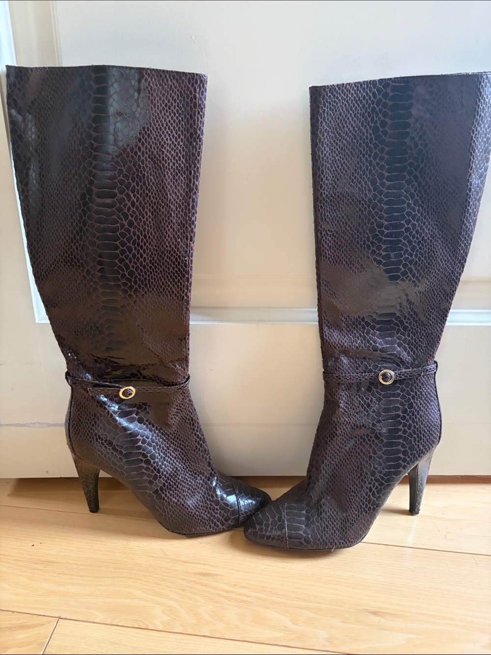 Sam Edelman Dark Brown Snake-Print Knee Boots